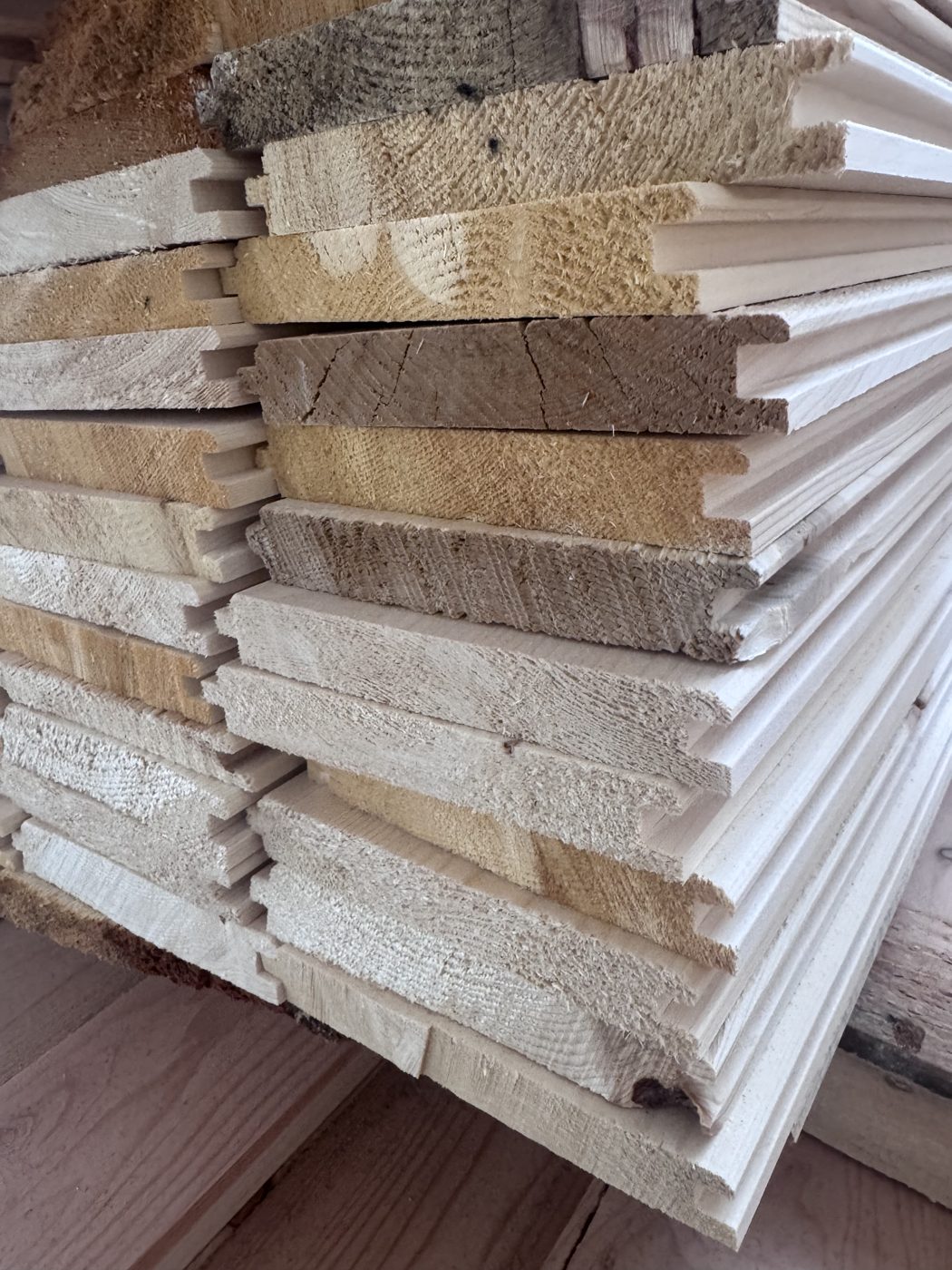 Stack of spruce tongue and groove showing the profile