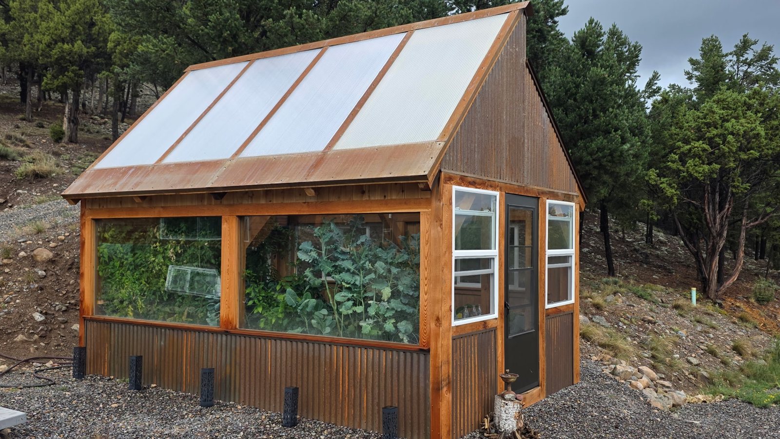 Timber-framed greenhouse with rusted corrugated siding